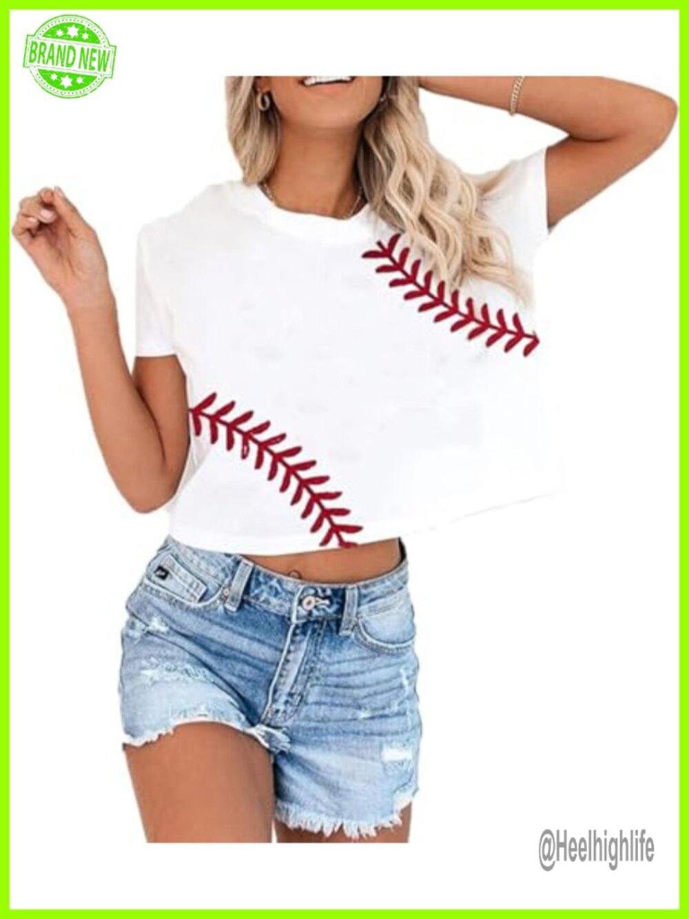 Women's Baseball Stitch Crop Top Short Sleeve Casual Game Day Tee